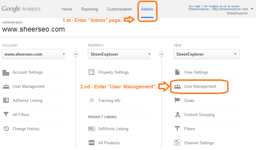 Adding user to Google Analytics - step 1.